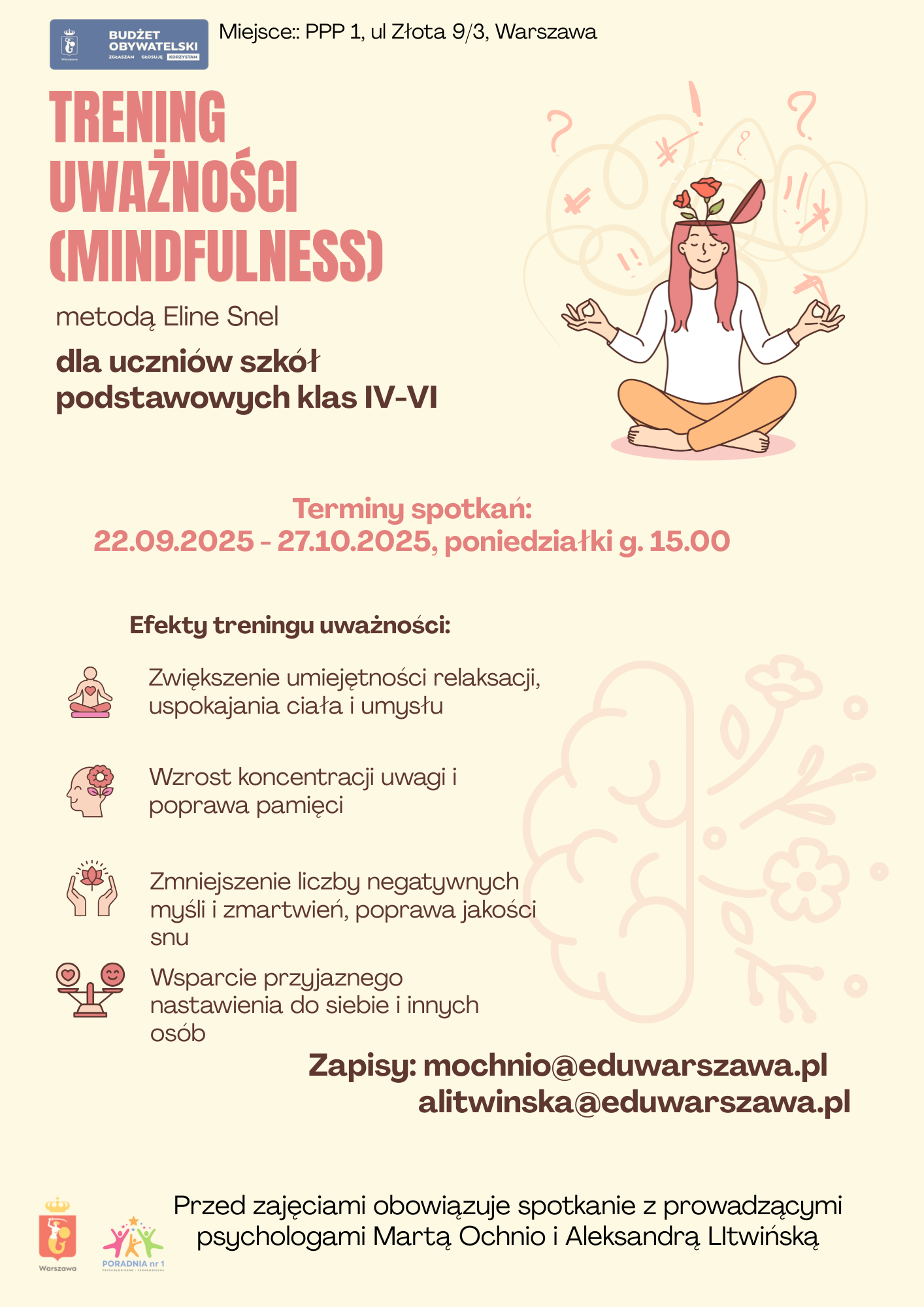 Nowa edycja warsztatów - TRENING UWAŻNOŚCI dla uczniów klas 4-6 w ramach Budżetu Obywatel