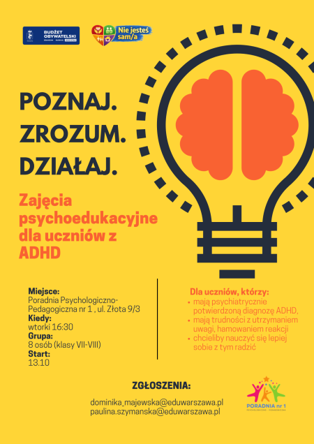 Budżet Obywatelski - Zajęcia psychoedukacyjne dla uczniów z ADHD (klasy VII-VIII) 